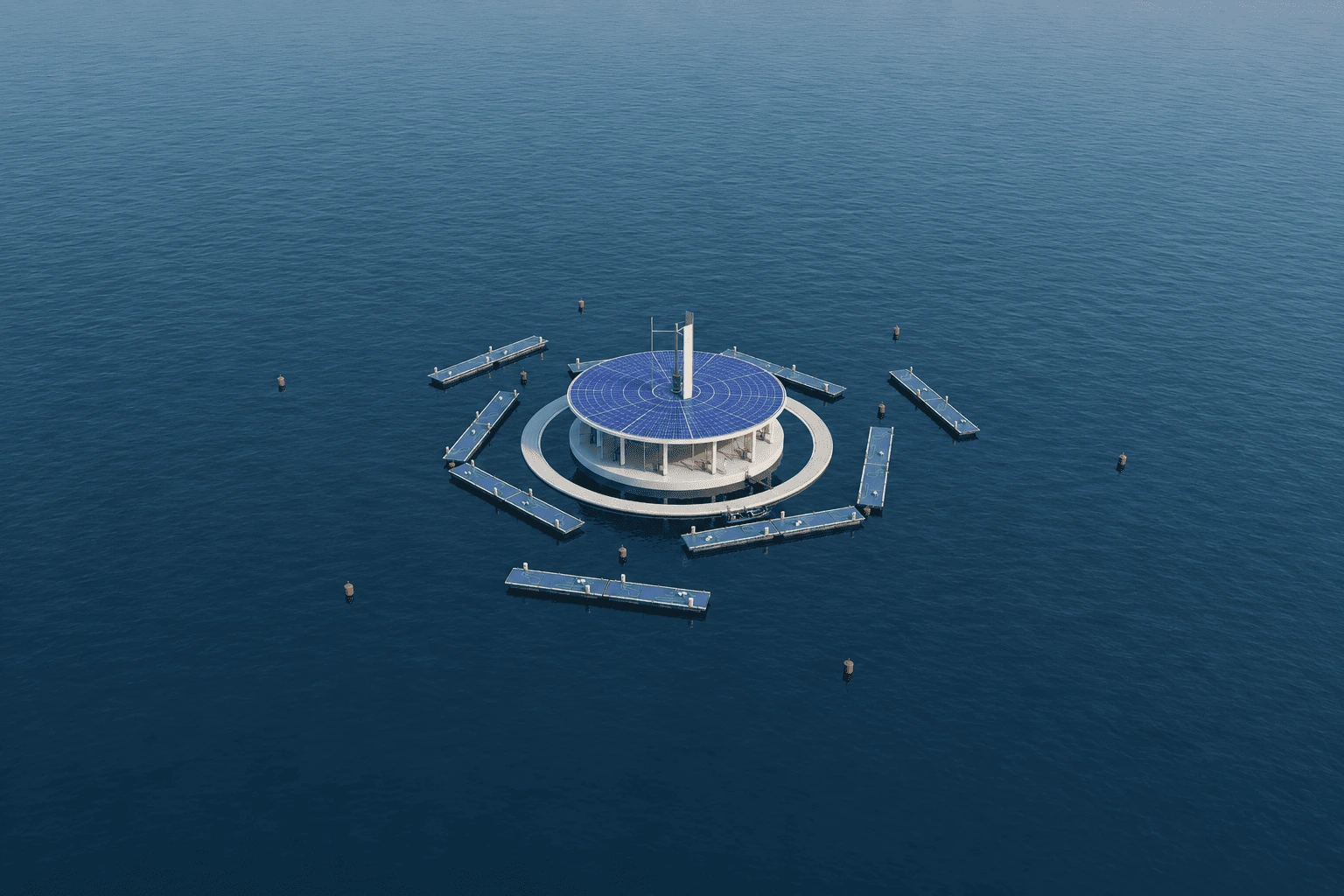 A modular and waveless offshore platform designed to integrate renewable energy systems and support a wide range of maritime applications.